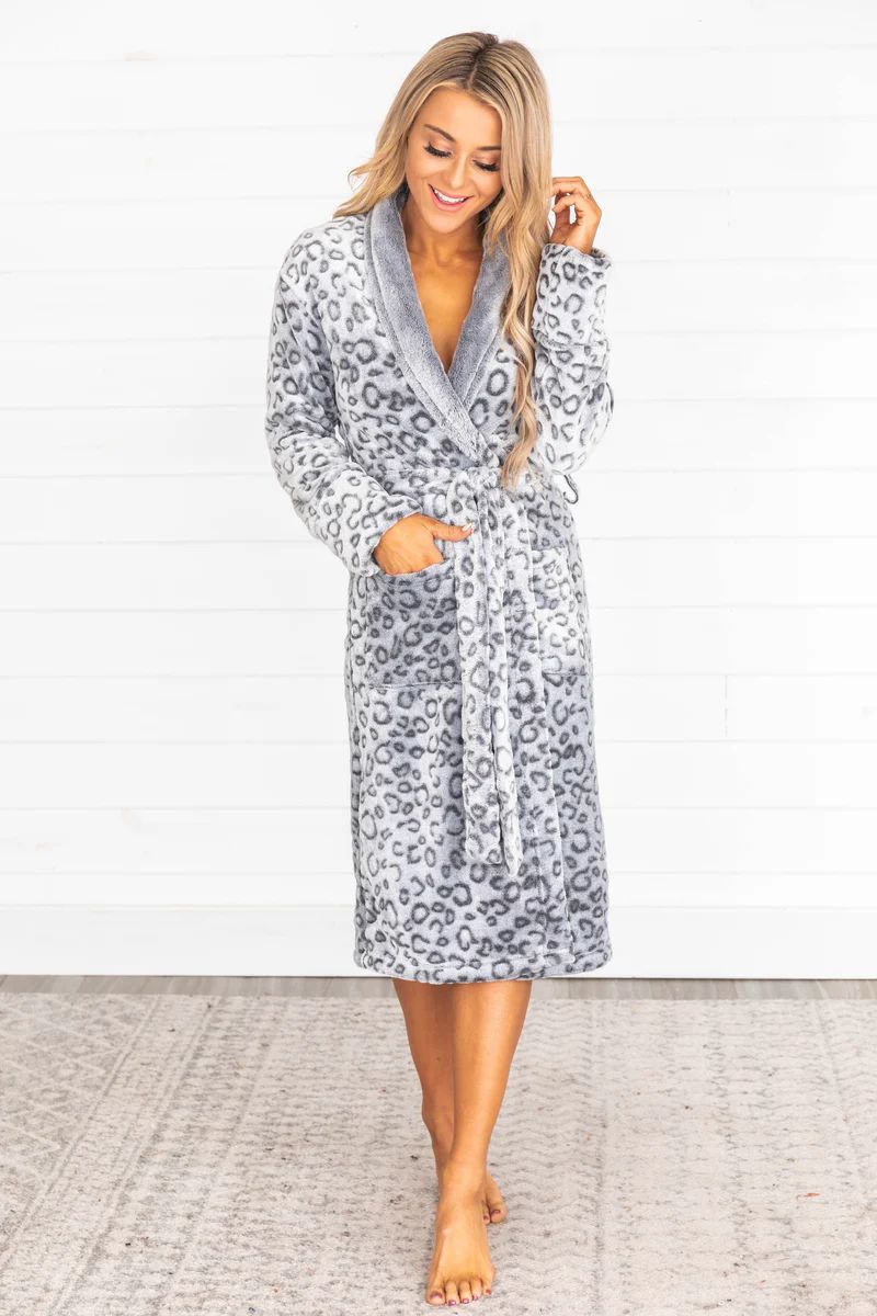 Lazy Sunday Fuzzy Grey Animal Print Robe | The Pink Lily Boutique