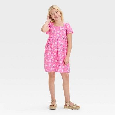 Girls' Barbie Cotton Puff Sleeve Dress - Pink | Target