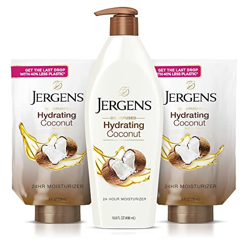 Jergens Hydrating Coconut Body Lotion Bundle: Hand and Body Moisturizer, Infused with Coconut Oil, Hydrates Dry Skin Instantly, Dermatologist Tested, 16.8 oz plus 2 - 8oz Refills (3 piece set) | Amazon (US)