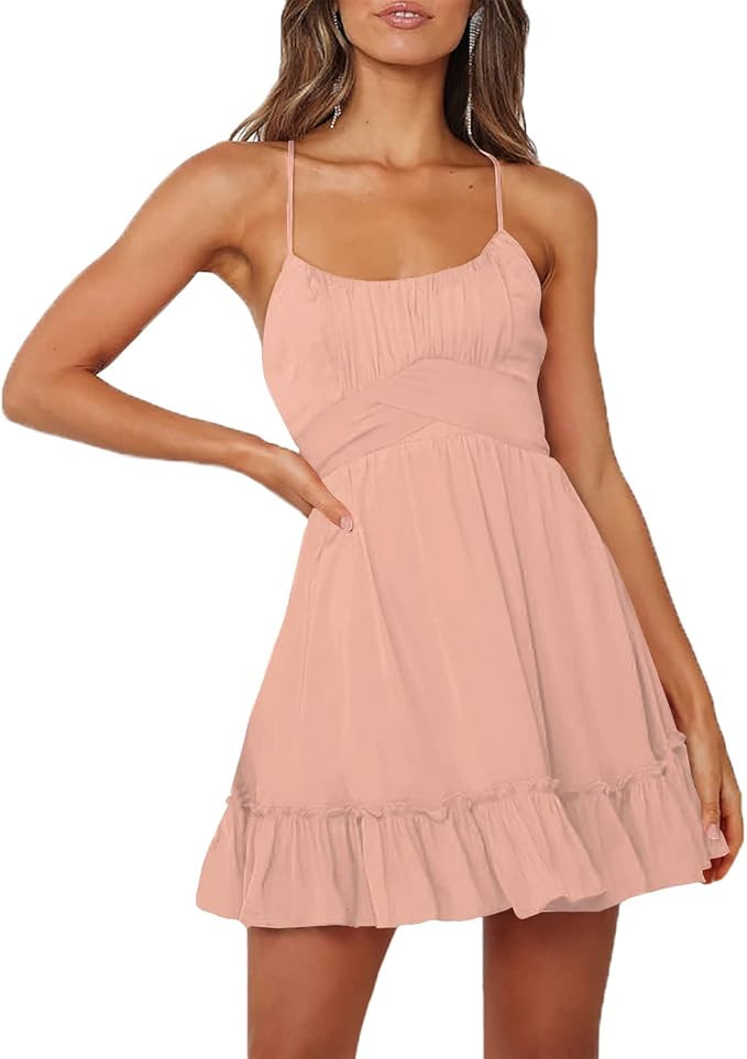 LYANER Women's Spaghetti Strap Scoop Neck Sleeveless Ruched Flared A Line Mini Dress | Amazon (US)