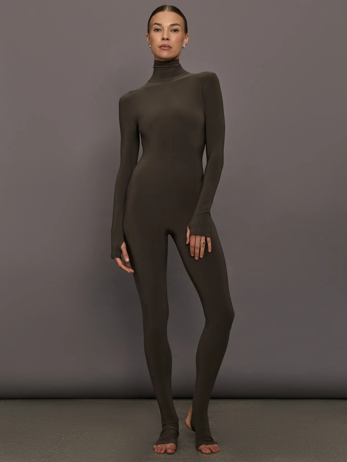 Norma Kamali Long Sleeve Slim Fit Turtle Catsuit W/footie - Bark - Size XS | Carbon38