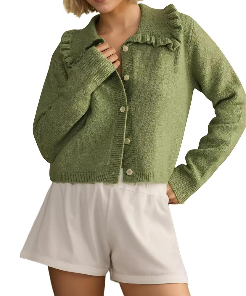 MISSACTIVER Women Ruffle Collar Cropped Cardigan Casual Lapel Button Down Sweaters Long Sleeve Op... | Amazon (US)