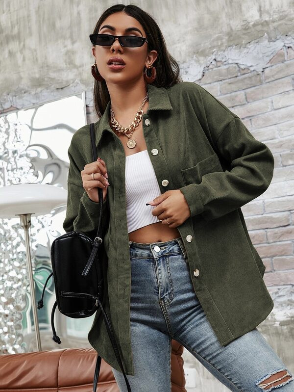 Drop Shoulder Pocket Front Longline Blouse | SHEIN