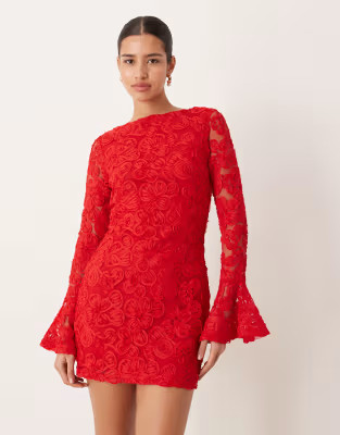 Gina Tricot long sleeve embroidery mini dress with open back in red | ASOS (Global)
