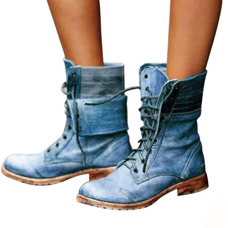 Round Toe Low Heel Cross Lace Up Martin Boots Blue 43 Women Ankle Boots Combat Lace Up Zipp Up Buckl | Walmart (US)
