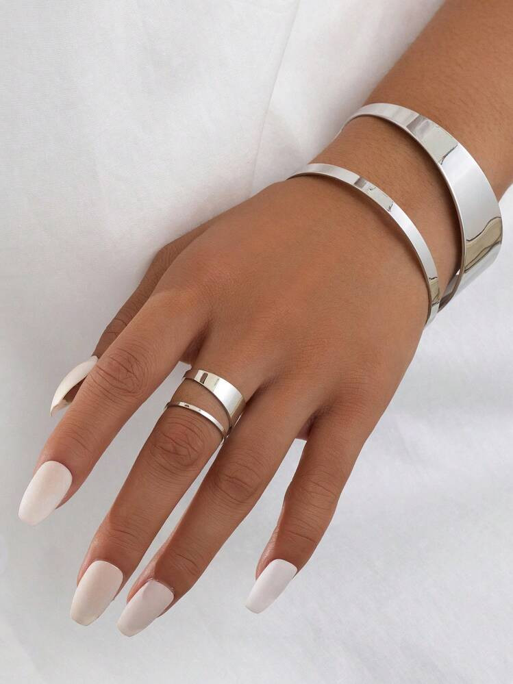 1set Minimalist Geometric Hollow Double-Layer Bangle Bracelet And Ring Jewelry Set, Holiday Gift ... | SHEIN