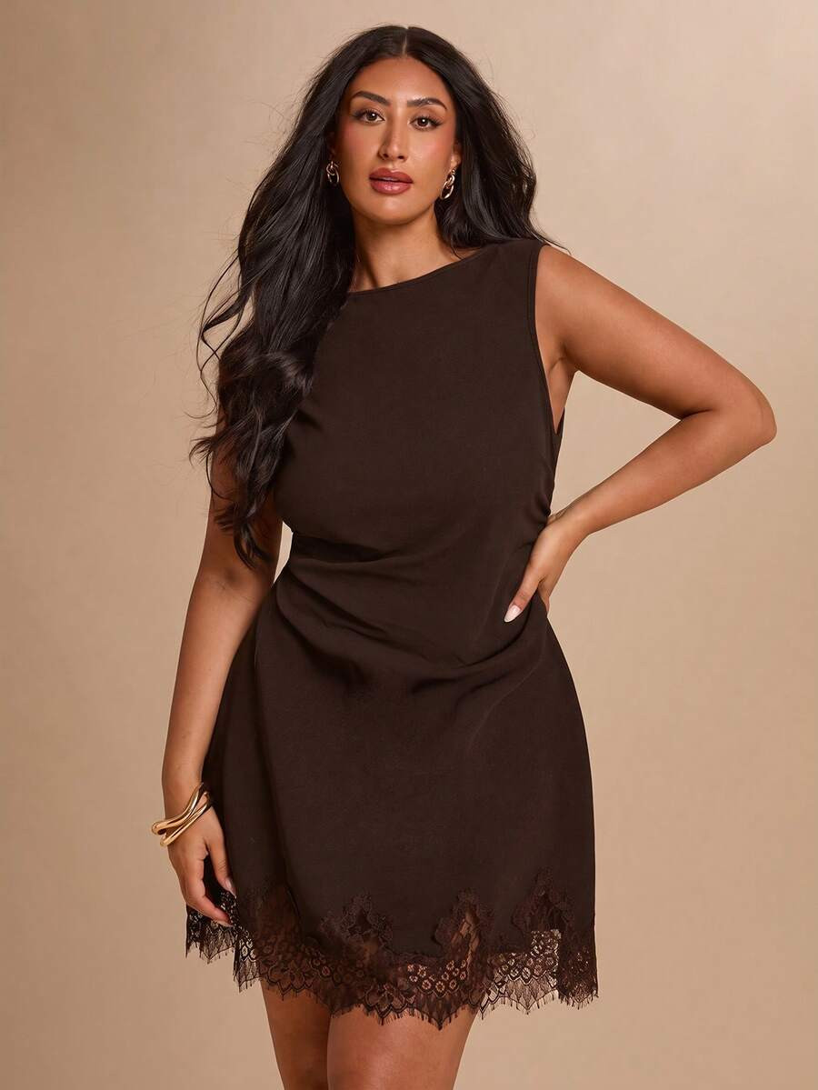 SHEIN BAE CURVE Plus Size Women's Black Lace Patchwork Sleeveless Dress | SHEIN