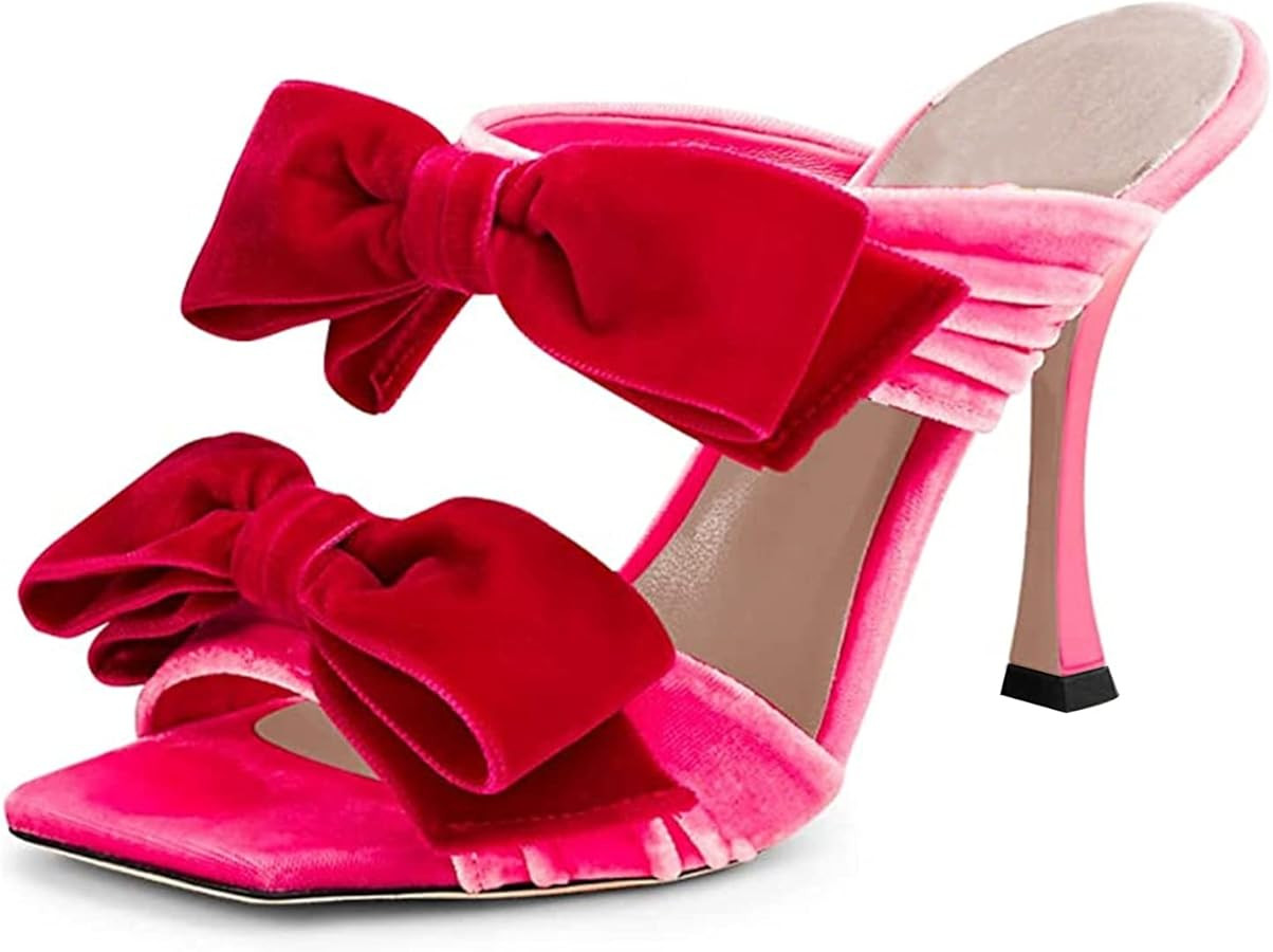 Women Mules Heels Two Bows Square Open Toe High Heel Stiletto Mules Sexy Slip On Sandals 3.5 Inch | Amazon (US)