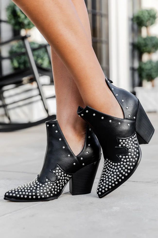 Loretta Black and Silver Studded Western Booties | Pink Lily