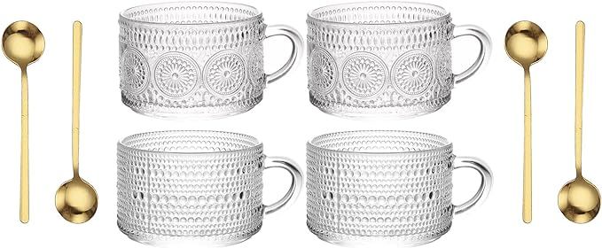 Vintage Glass Coffee Mugs 14 Oz Set of 4 Embossed Glass Cups for Tea, Coffee Mugs for Cappuccino,... | Amazon (US)