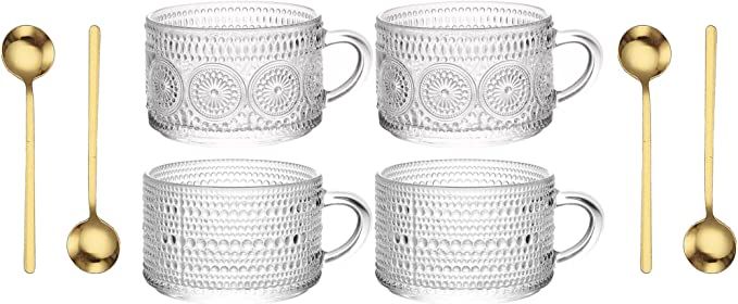 Vintage Coffee Mugs, Glass Coffee Mugs 14 Oz Set of 4 Embossed Glass Cups, Tea Cups, Glass Coffee... | Amazon (US)