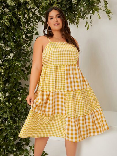 SHEIN Plus Gingham Ruffle Hem Cami Dress | SHEIN