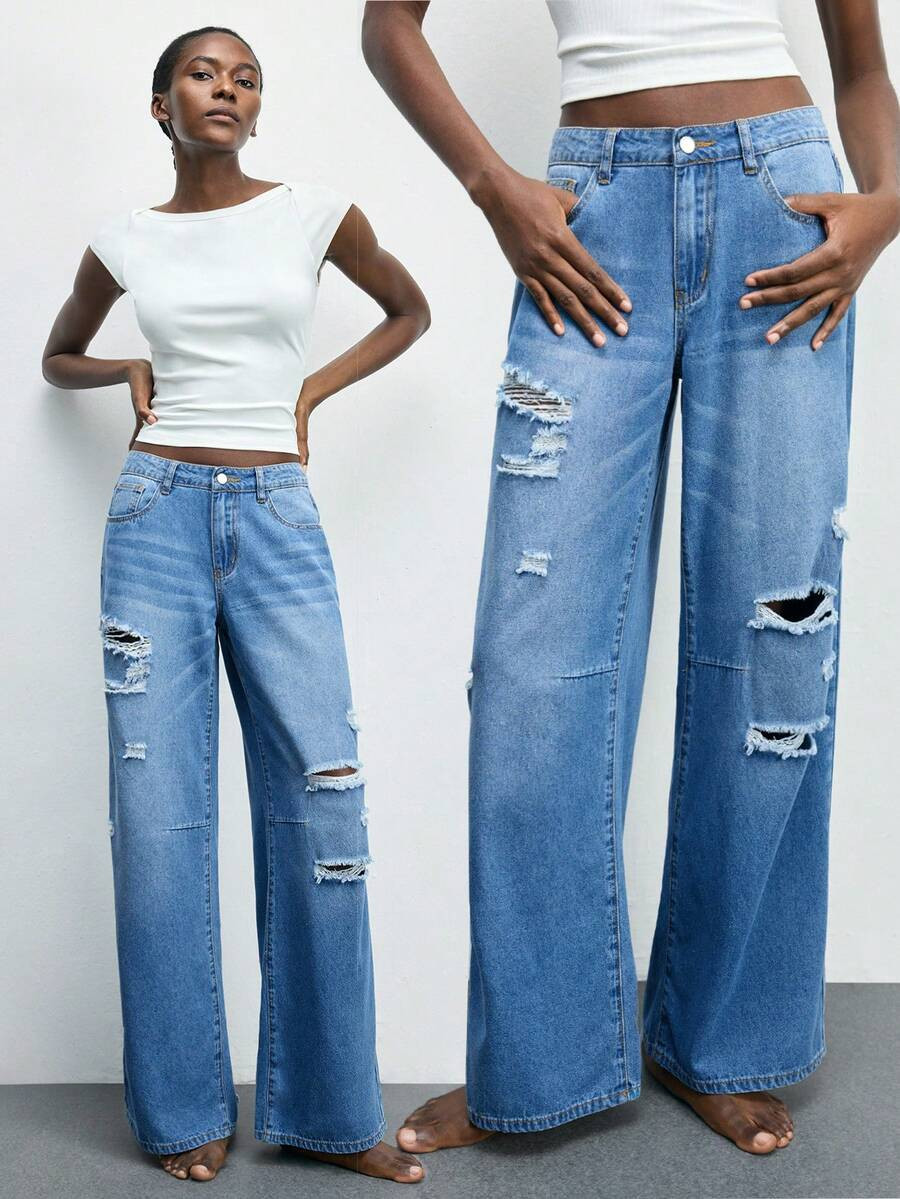 Maija Women's Casual Fashion Street Chic Daily Commute Distressed Loose Wide-Leg Jeans | SHEIN