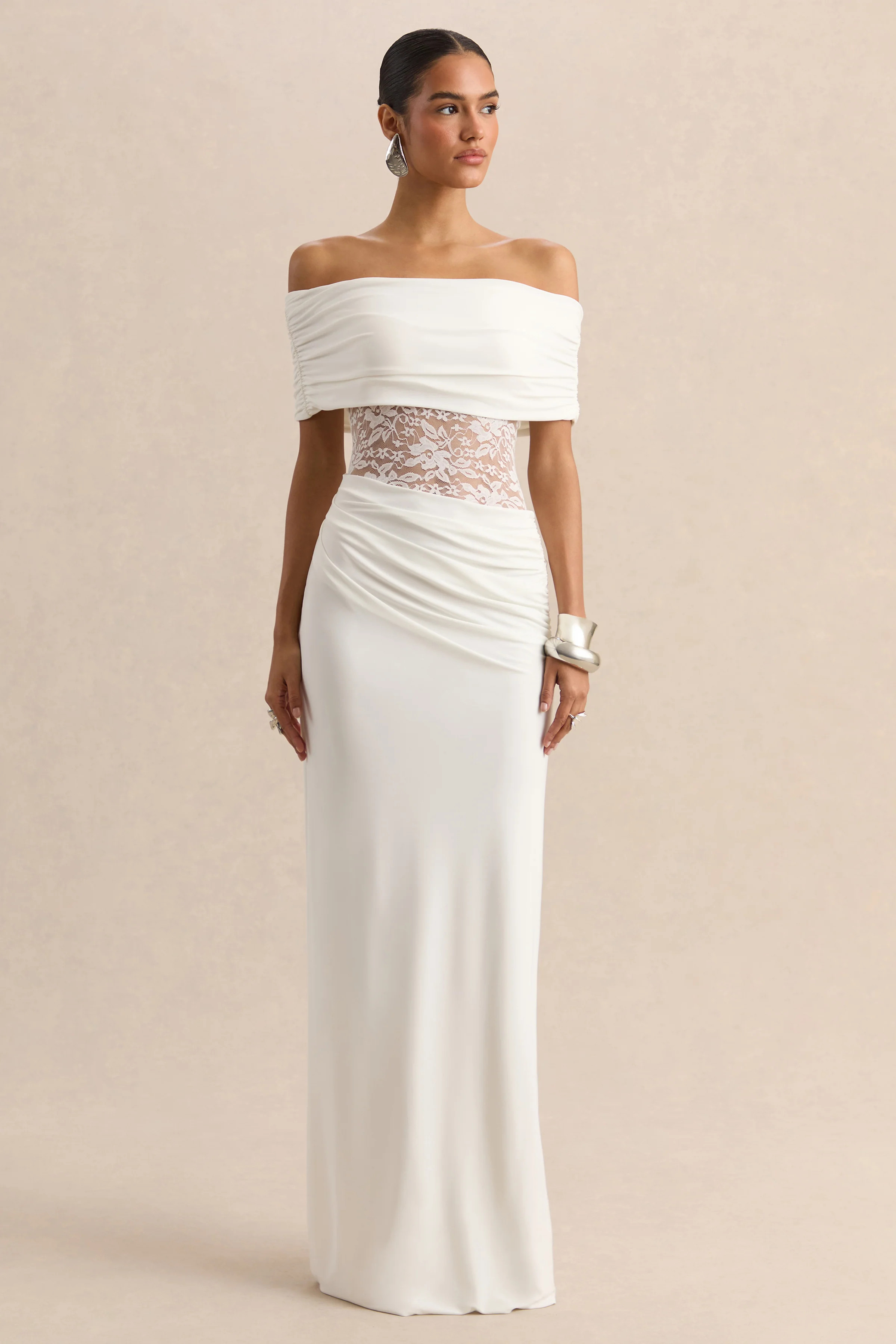 Forsya | White Bardot-Neck Maxi Dress With Lace-Detailing | Club L London