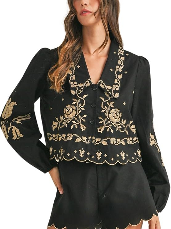 Cropped Floral Embroidery Long Sleeve V Neck Blouse Collar Button Down Shirt | Amazon (US)