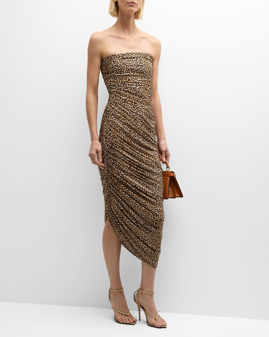 Norma Kamali Diana Strapless Leopard-Print Shirred Midi Gown | Neiman Marcus
