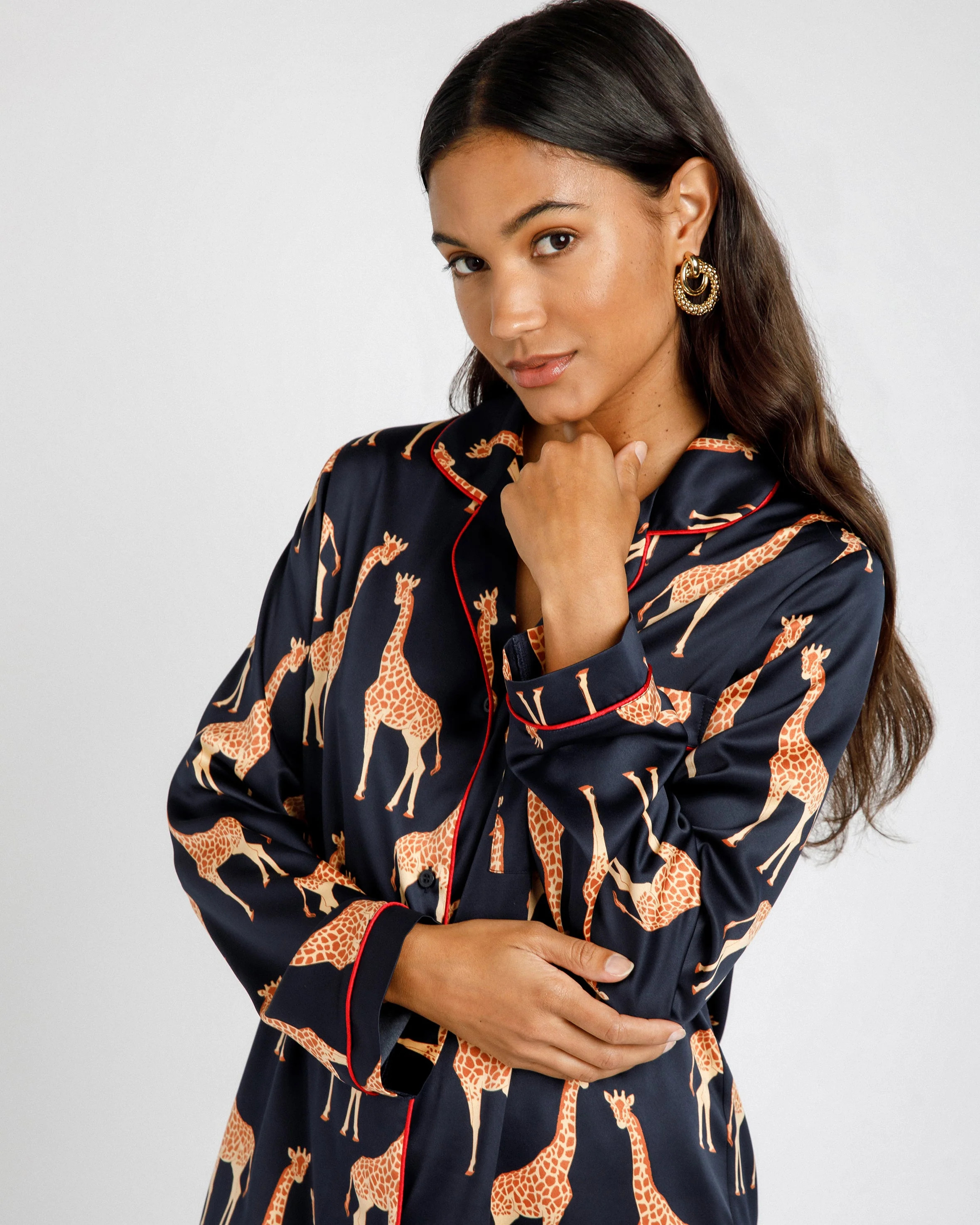 Satin Giraffe Print Long Pyjama Set - Navy | Chelsea Peers NYC