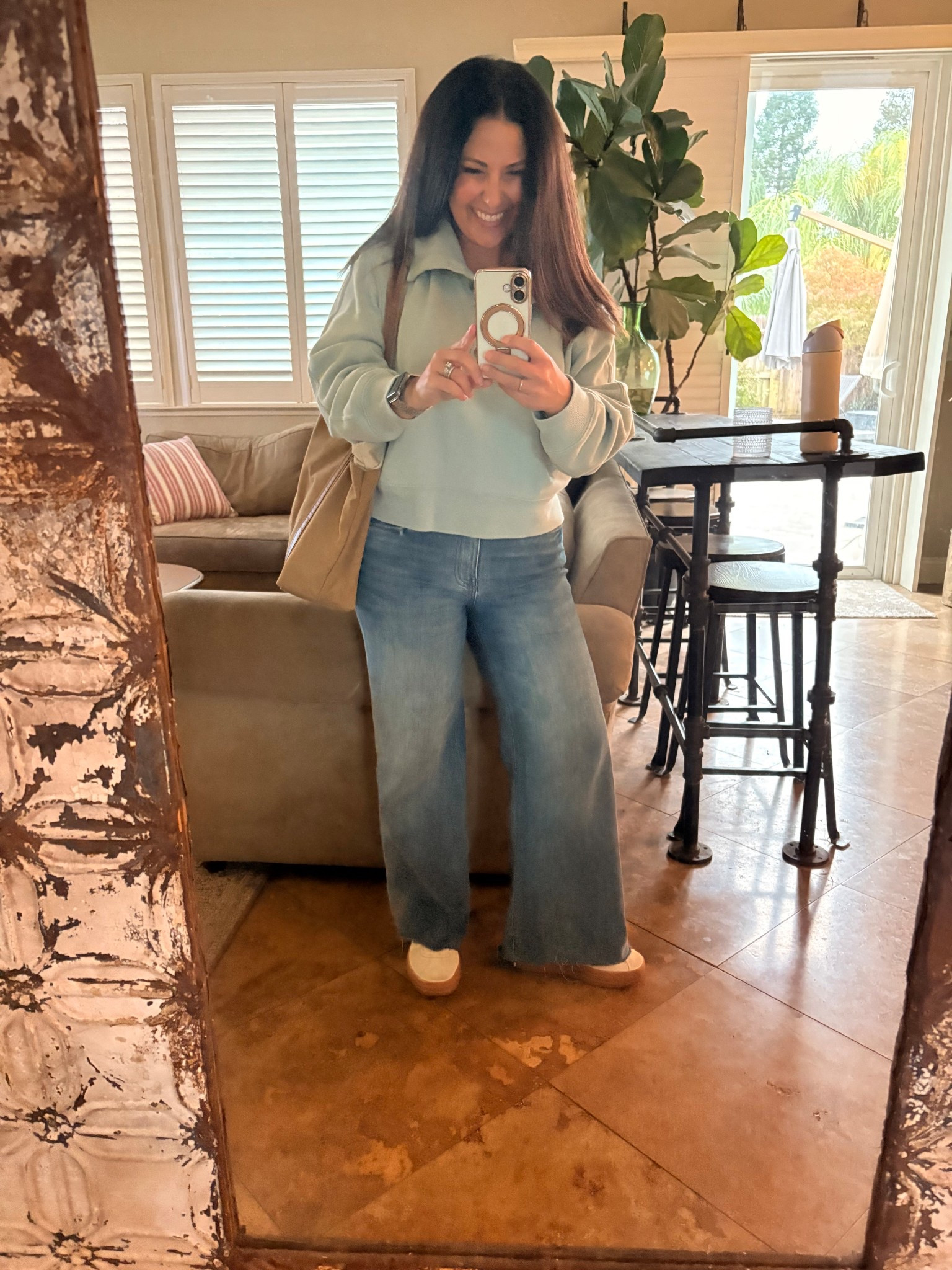 Late post from the weekend, day two of basketball in a cozy quarter button up, wide leg jeans and my go to platform sneakers this season. 

#LTKmomlife #LTKPetite #LTKdayinmylife