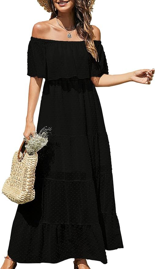KIRUNDO Summer Women’s Off Shoulder Maxi Dress Polka Dots Short Sleeves High Waist Pleated Long... | Amazon (US)