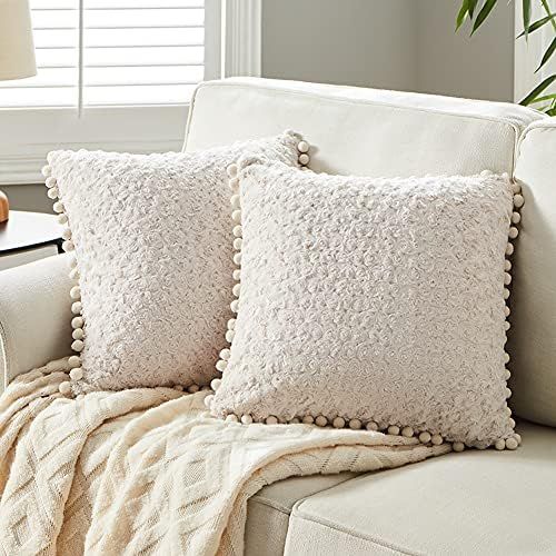 Fancy Homi 2 Packs Boho Cream Decorative Throw Pillow Covers 20x20 Inch with Pom-poms, Luxury Modern | Amazon (US)