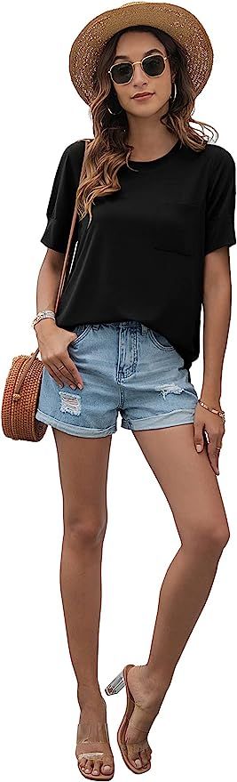 HIYIYEZI Summer Tops for Women Short Sleeve Side Split Casual Loose Tunic Top with Pocket | Amazon (US)