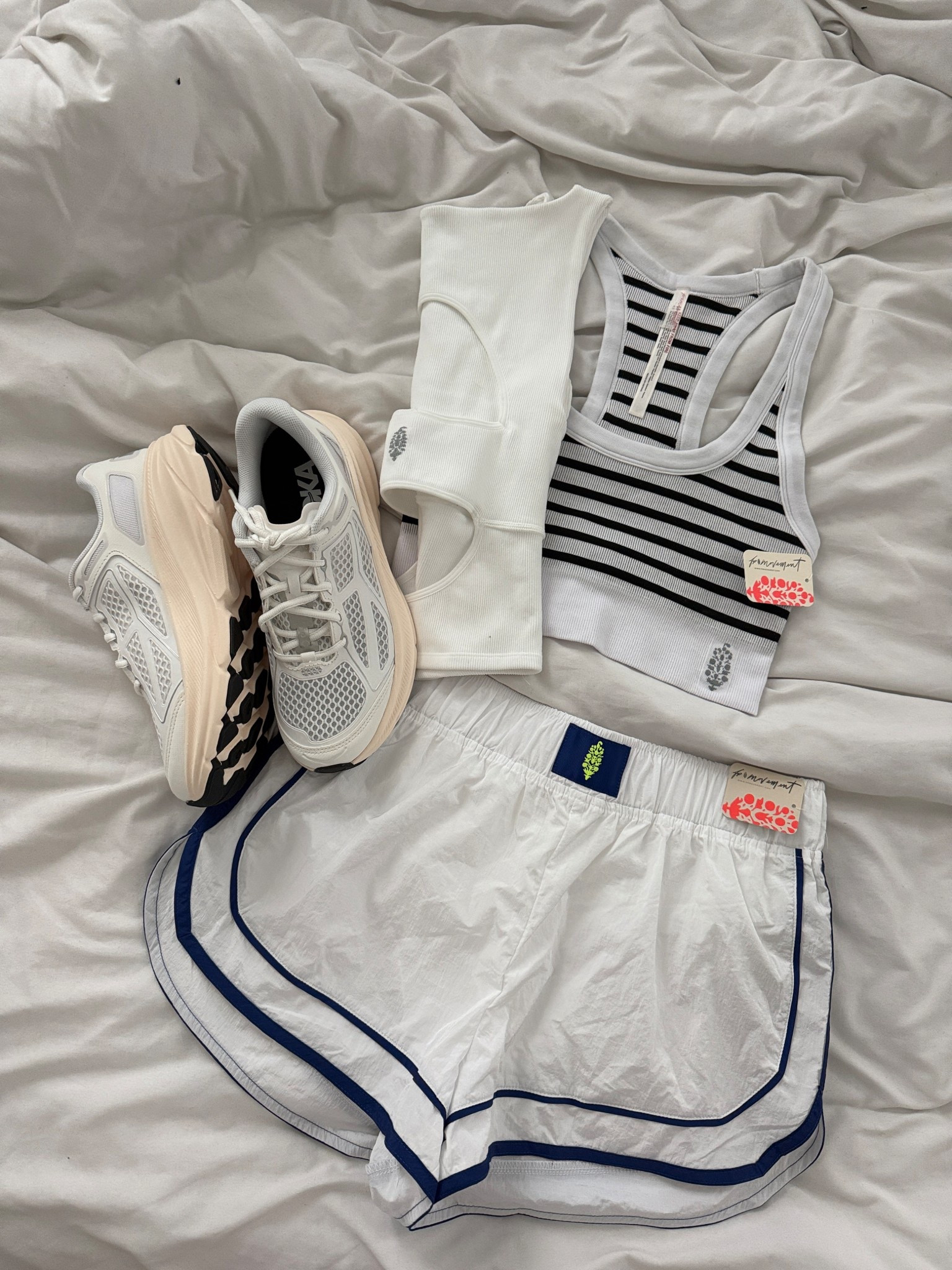 Free people movement and hoka running outfit all white and stripes 

#LTKActive