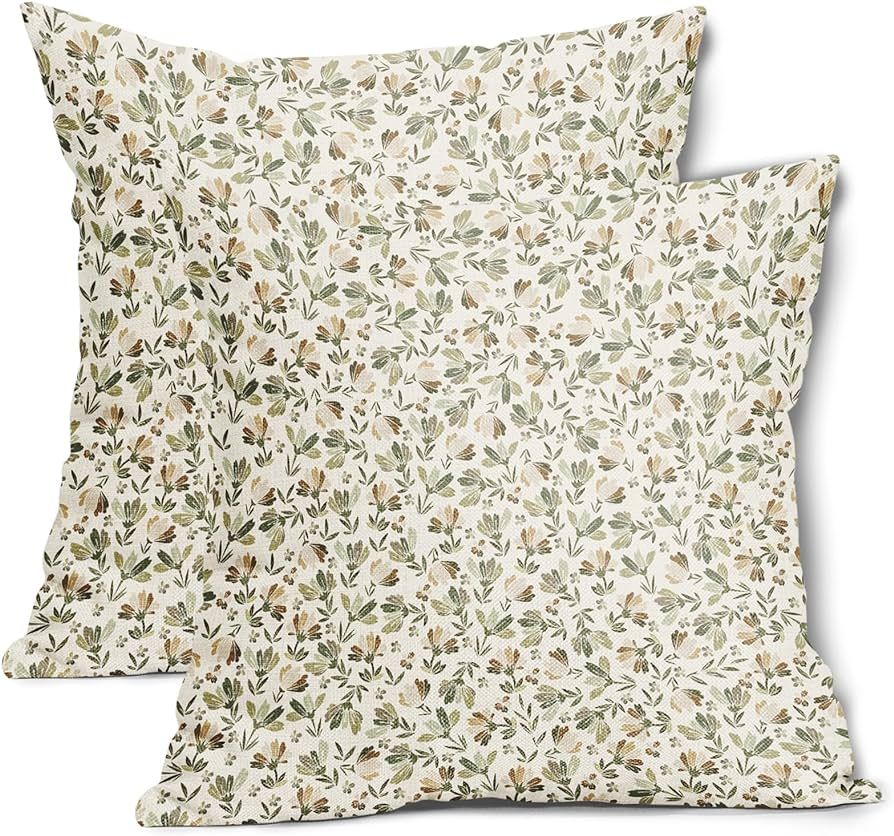 Kawani Spring Daisy Floral Pillow Covers 20X20 Inch Sage Green Brown Beige Vintage Flowers Decora... | Amazon (US)