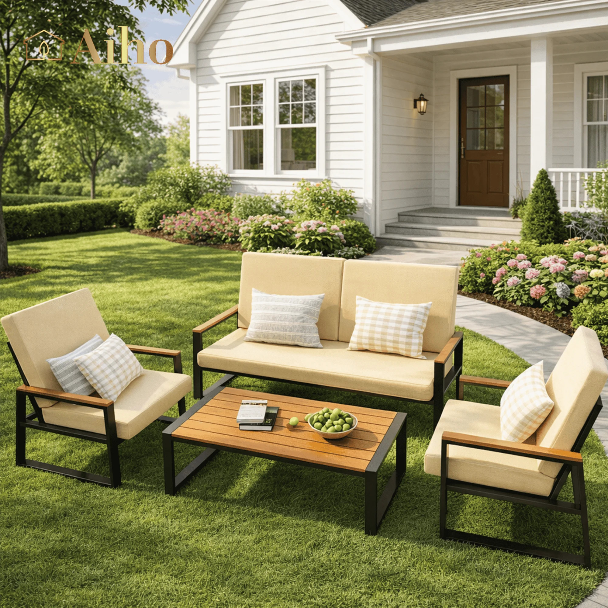 Aiho 4 Pieces Patio Furniture Set, All-Weather Outdoor Conversation Set with Coffee Table & Remov... | Walmart (US)