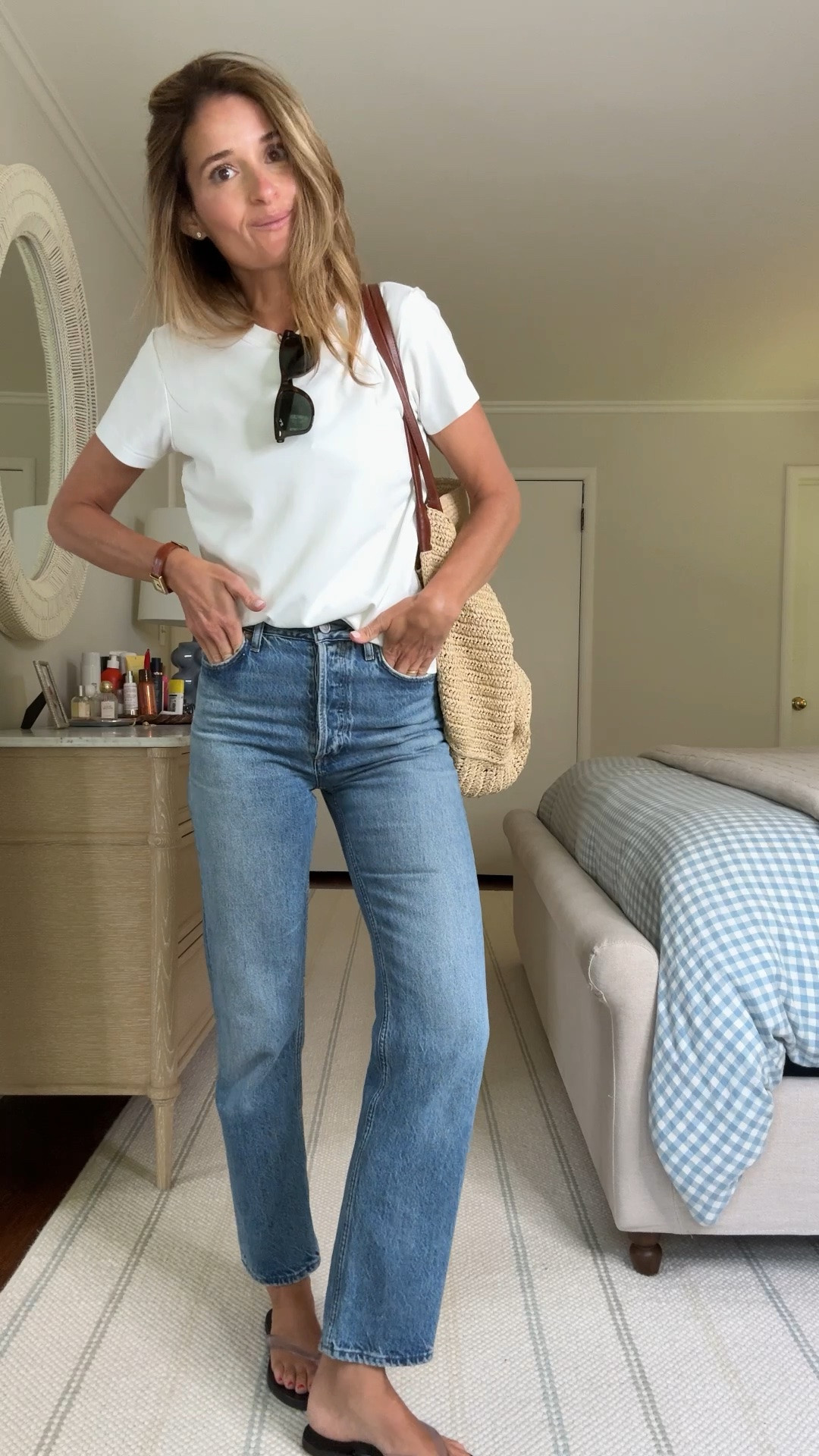 Simple Sunday OOTD.  Straight leg jeans and a white tee works every time. 

This crewneck has been a staple in wardrobe for years - it's under $20 and the softest cotton and completely opaque. The neckline looks so nice under sweaters, but I also love wear it as stand-alone tee with jeans. It's the kind of tee you'll wear on repeat, layered or on its own. * jeans are a year-round staples with that lived-in vintage vibe - high rise, straight leg, so flattering and leg-lengthening. Added my jelly flats and raffia bag for texture.
About as simple as you can get but what can I say, I feel my best in a great tee and jeans


Follow if you're looking for easy everyday outfit inspiration!

Tee: sized up 1 to a M, jeans: run tts in a 25. Size up if you are between

#LTKootd #LTKSeasonal #LTKdayinmylife