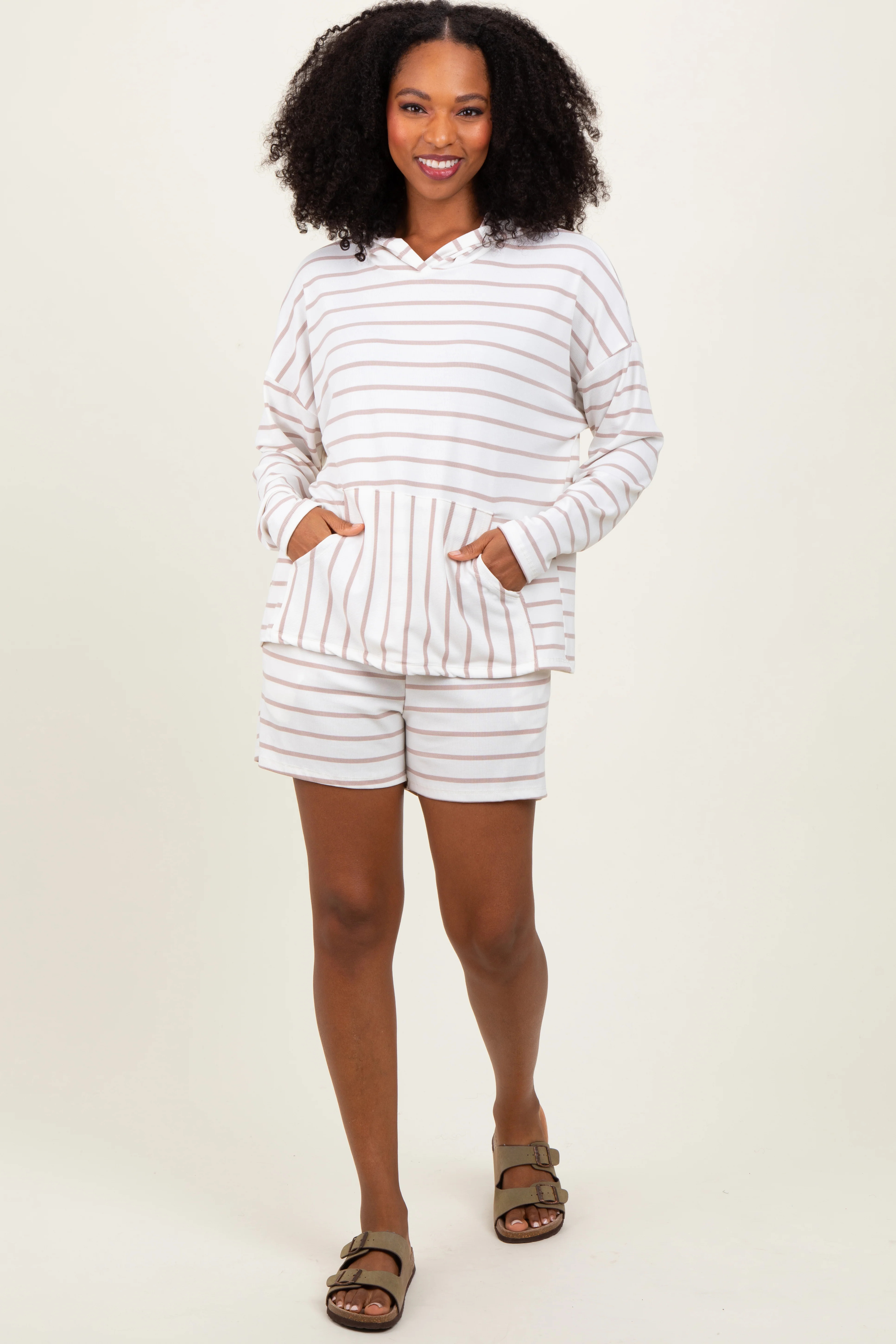 Ivory Cozy Striped Ribbed Two-Piece Lounge Set | PinkBlush Maternity