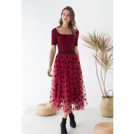 3D Heart Double-Layered Mesh Maxi Skirt in Red | Chicwish