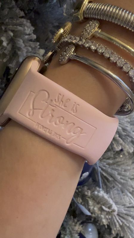 Pink silicone Bible verse Apple Watch band
Etsy
Gift idea
Christmas 
Proverbs 31:26
She is strong 
Kendra scott
Arm party
Arm candy
Arm stack
Gold
Silver 
Two tone
Cuff bracelets 
Elton


#LTKfindsunder50 #LTKsalealert #LTKGiftGuide