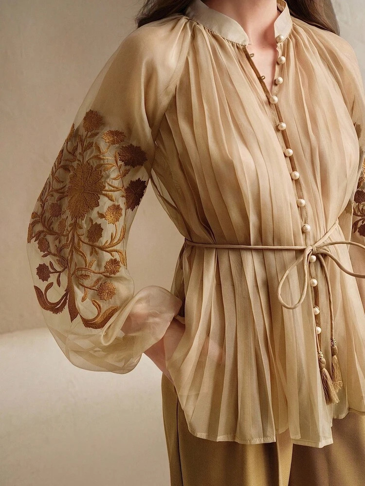 Anewsta Top Plissada Bordada Com Amarração Na Cintura Para Mulheres, Elegante E Versátil Para Trabalho E Uso Casual | SHEIN