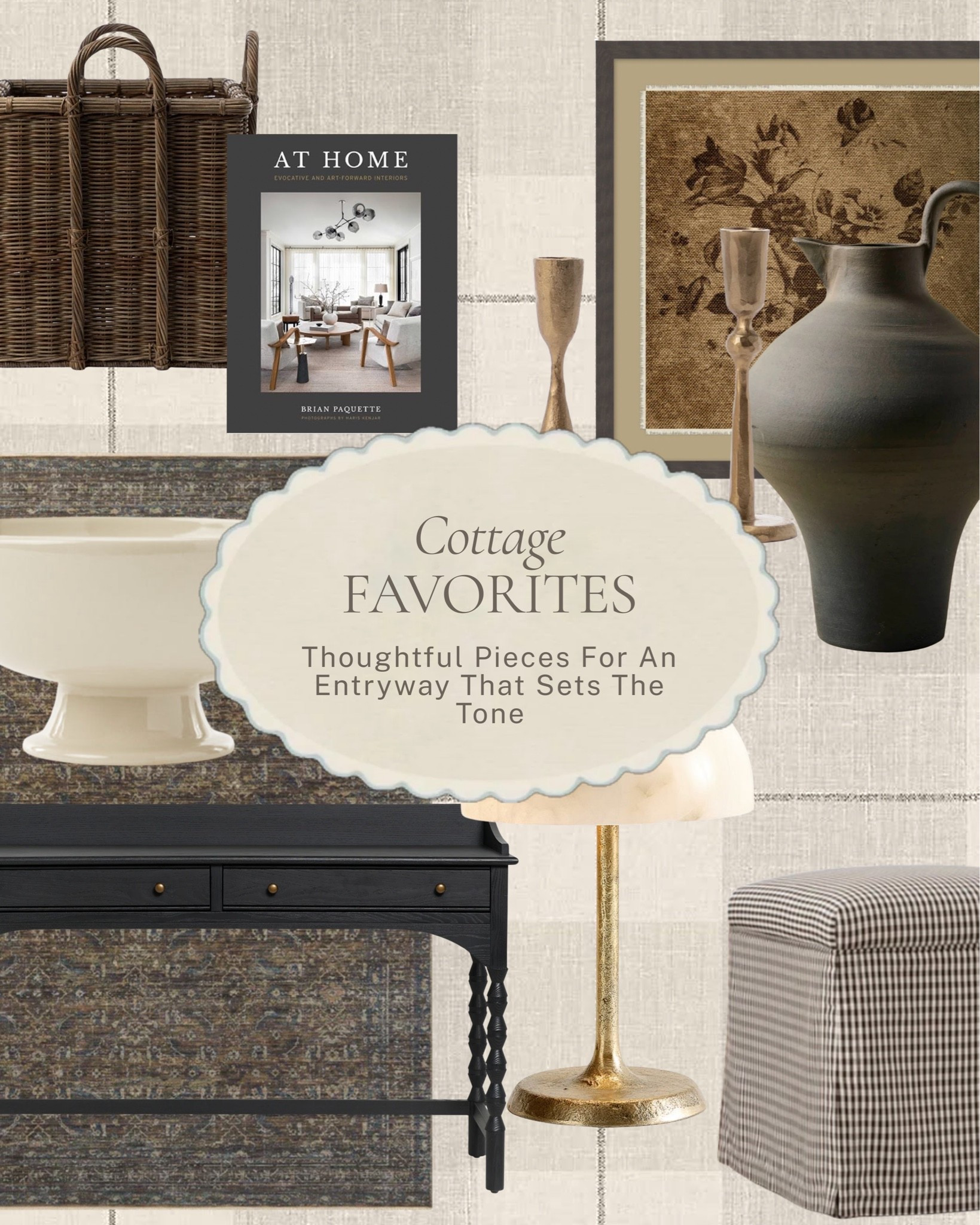 Thoughtful pieces for an entryway that sets the tone. A dark spindle-leg console, a carved wood candlestick, a large ceramic vase, and a checked ottoman for the everyday shoe-swap, moody, textural, and exactly the first impression a cottage home deserves.

All linked here 🤍 #LTKhome