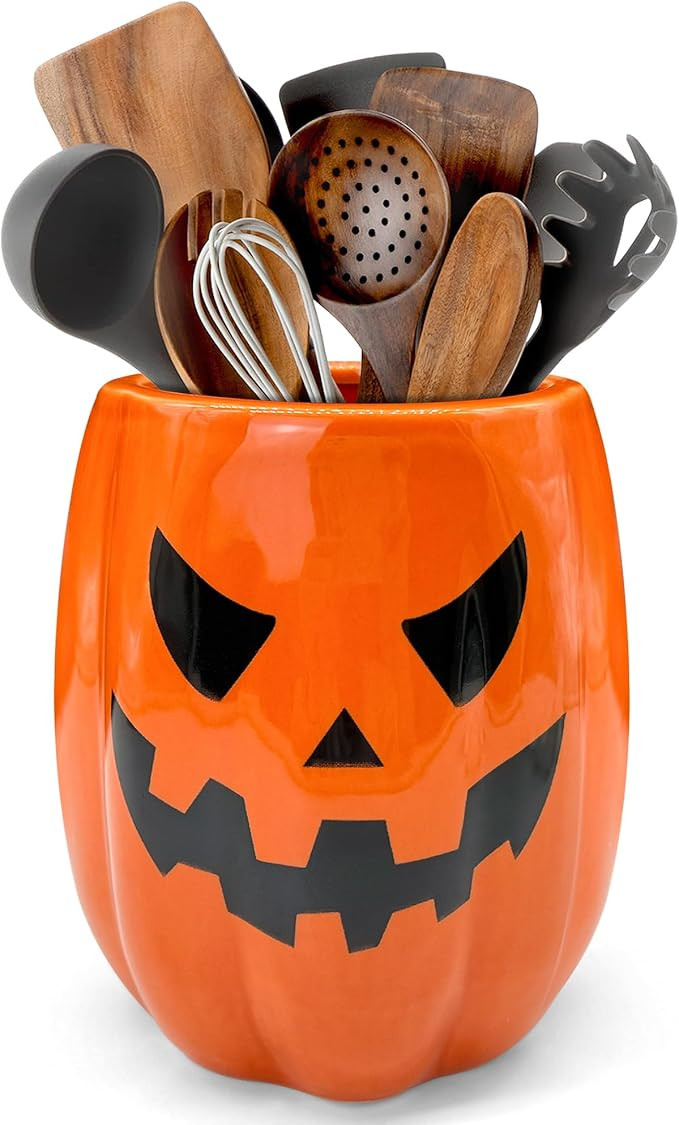 pinata Halloween Kitchen Decor Ceramic Pumpkin Utensil Holder, Cute Halloween Utensils Holder, Ce... | Amazon (US)