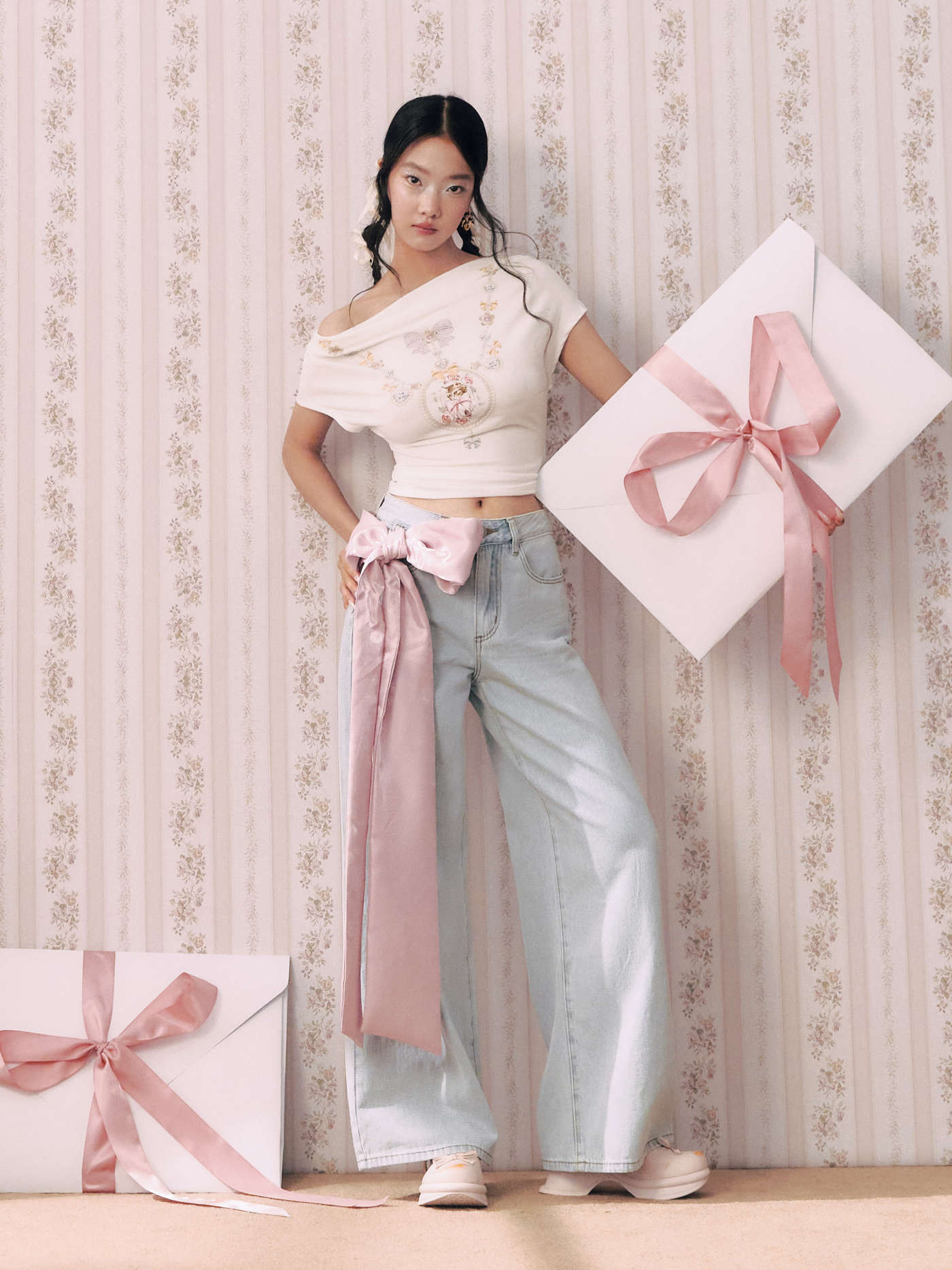 Denim Cider Denim Mid Rise Bowknot Wide Leg Jeans For Daily Casual | Cider