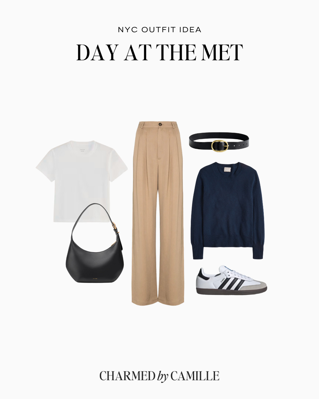 A comfortable, classic outfit for spending the day at The Met. Pair wide-leg trousers with a simple white tee, and bring along a navy sweater for an extra layer. Supportive sneakers are a must for exploring every gallery, while a slim belt and black shoulder bag pull everything together. 

 #LTKSeasonal