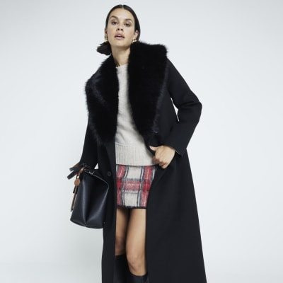 Black Faux Fur Collar Coat | River Island UK & IE