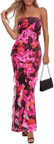 BTFBM Spring Dresses for Women 2026 Strapless Maxi Ruched Bodycon Floral Ruffle Cocktail Formal W... | Amazon (US)