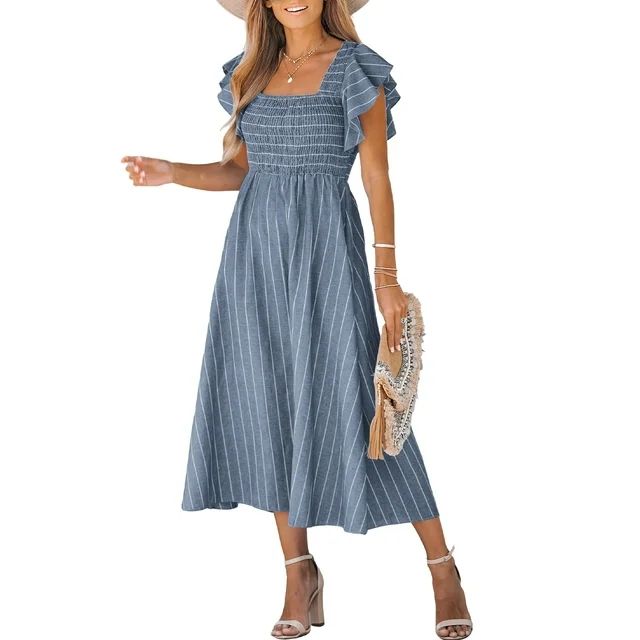 CUPSHE Women's Square Neck Striped Smocked Dress Ruffled Cap Sleeves Dress A Line Maxi Formal Dre... | Walmart (US)