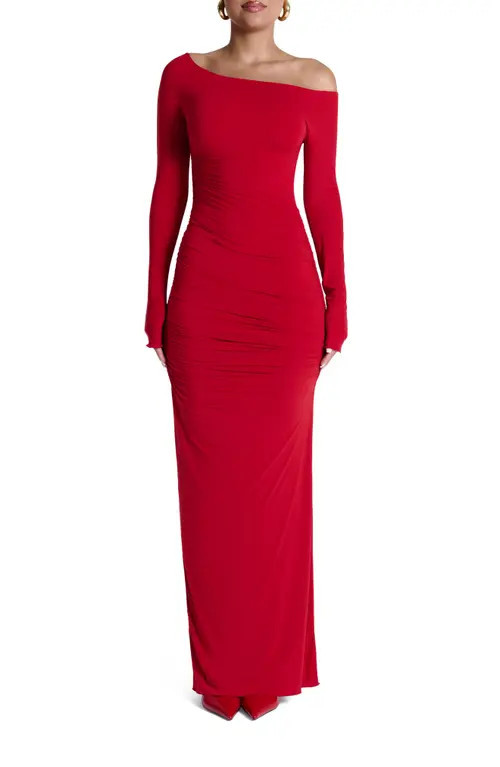 Naked Wardrobe Ruched Off the Shoulder Long Sleeve Maxi Dress in Red at Nordstrom, Size X-Small | Nordstrom