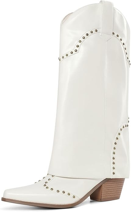Women Cowboy for Women Cowgirl Knee High Western Fashion Shark Boots Fold Over Studded Chunky Hee... | Amazon (US)