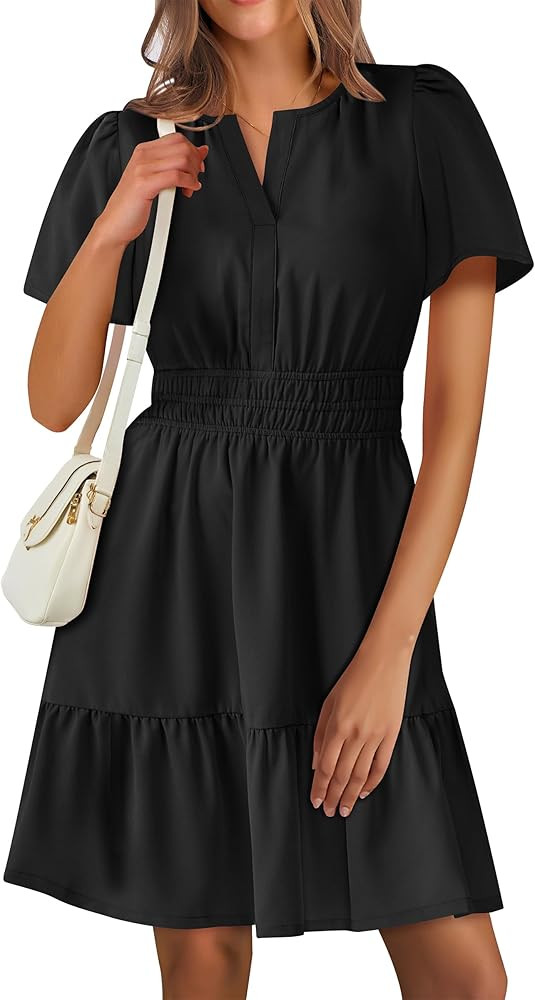 ANRABESS Womens 2025 Summer Casual Short Dress V Neck Short Sleeve Floral A-Line High Waist Boho ... | Amazon (US)