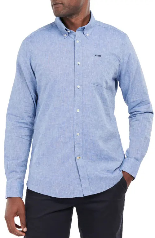 Barbour Nelson Tailored Fit Solid Linen & Cotton Button-Down Shirt in Blue at Nordstrom, Size Small | Nordstrom