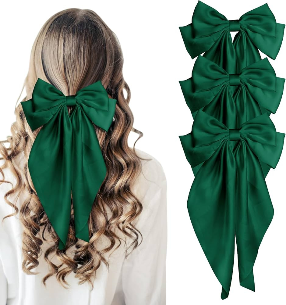 Large Silky Satin Bows 3Pcs Green Hair Ribbons for Women - Cute Coquette Bow Clips with Long Tail... | Amazon (US)