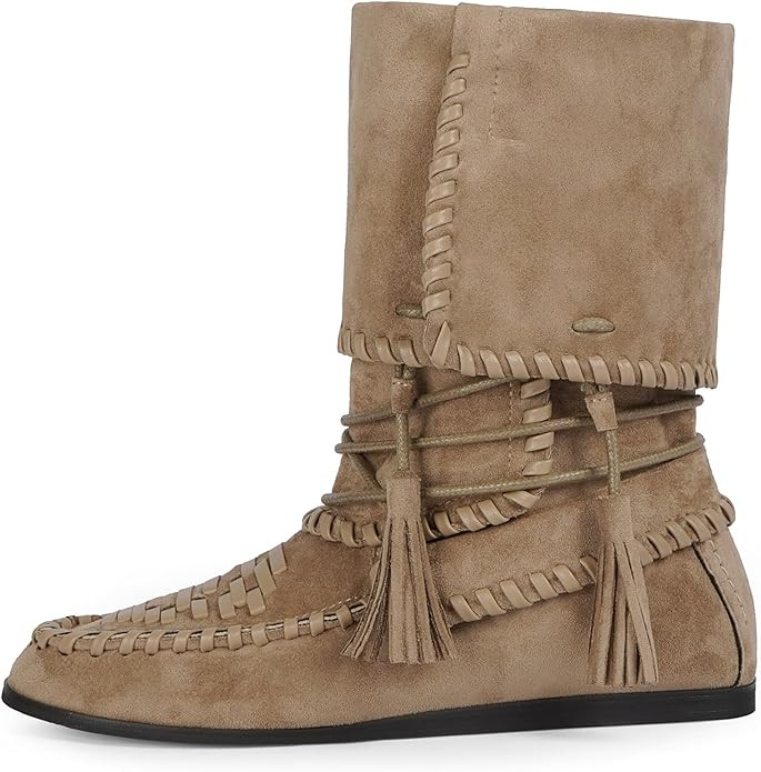 Suede Boots with Woven Details, Tassels and Fold-Over Cuff, Casual Comfortable Slouchy Flat Boots... | Amazon (US)