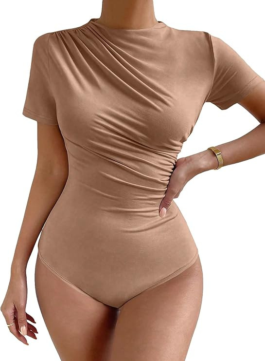 Milumia Women's Casual Ruched Mock Neck T Shirt Short Sleeve Tee Bodysuit Jumpsuit | Amazon (US)