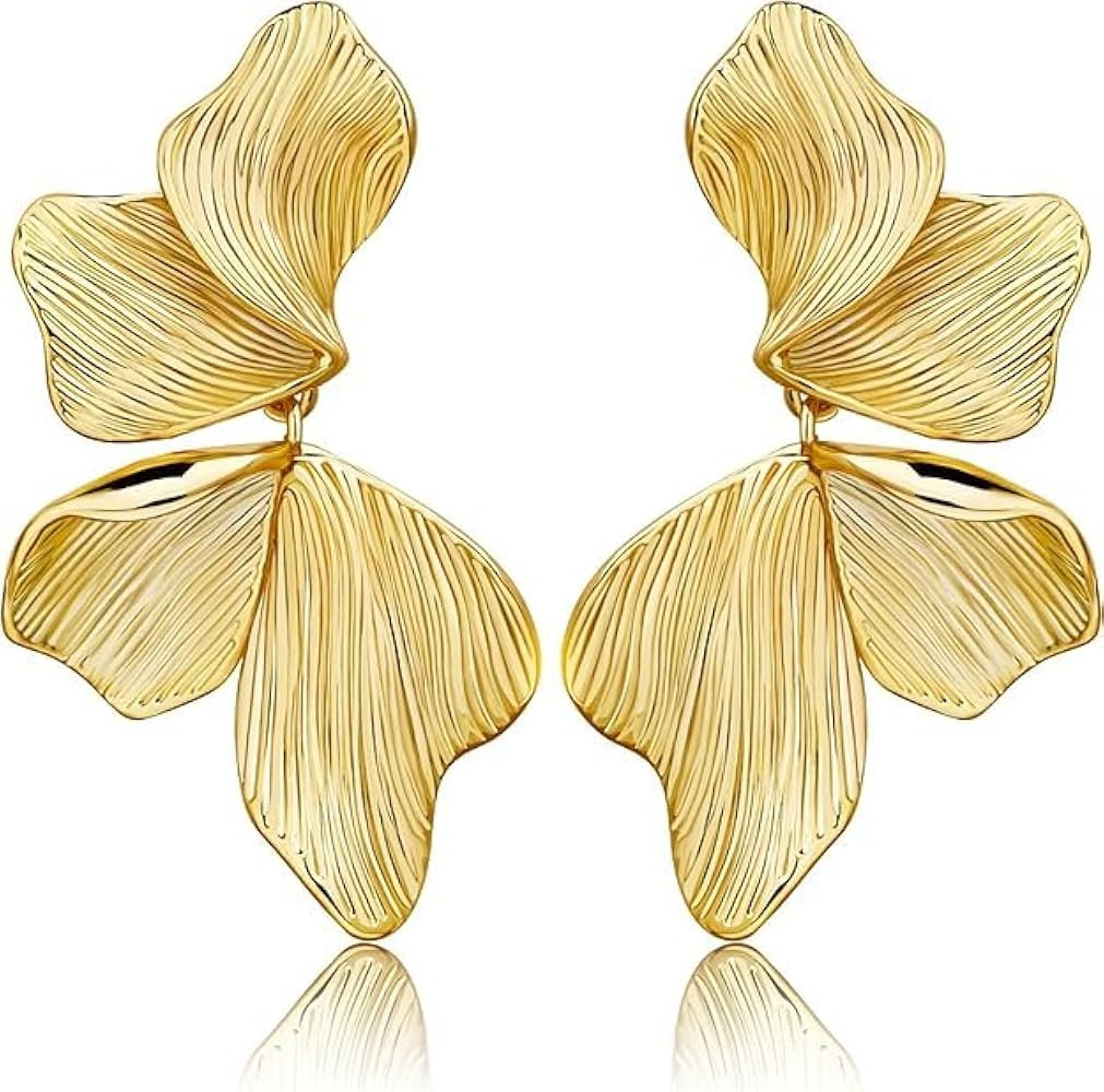 Gold Statement Earrings For Women 18K Gold Plated Sectored Flower Leaf Shell Angel Wing Earring L... | Amazon (US)