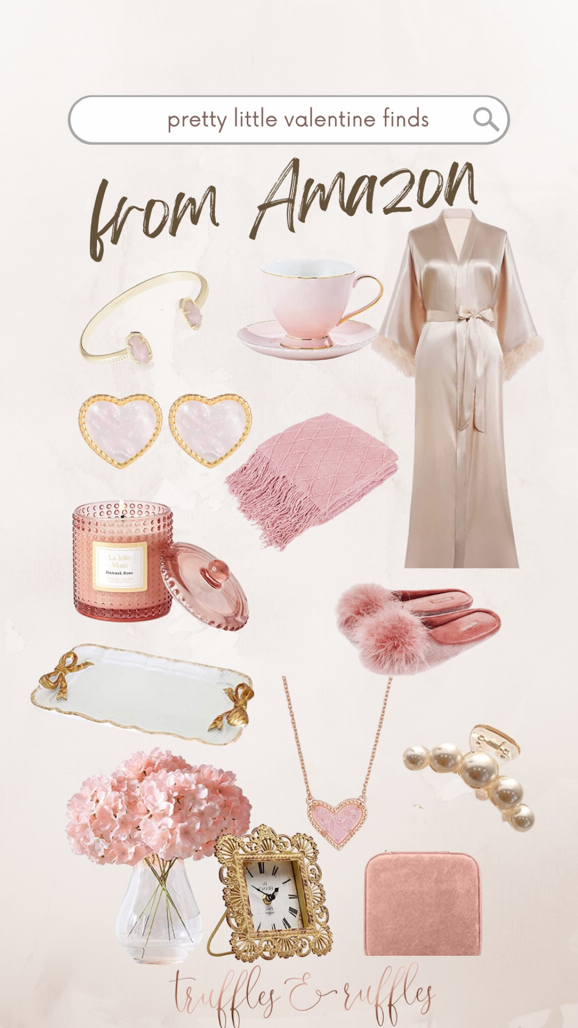 Pretty little Valentine Finds💫 From Amazon! Valentine gifts, gifts for her, feather satin robe, feather slippers, Kendra Scott jewelry, china tea cup set, floral arrangement, vintage gold clock, cozy pink blanket, pink rose candle, vintage decorative tray, plush velvet jewelry travel organizer, Pearl claw clip, #competition trufflesandruffles_ xoxo 

#LTKSeasonal #LTKFind #LTKGiftGuide