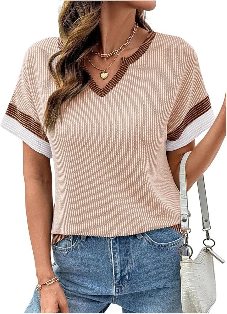 Dokotoo Womens Summer Tops 2026 Colorblock V Neck Short Sleeve T Shirts Dressy Casual Clothes Vac... | Amazon (US)